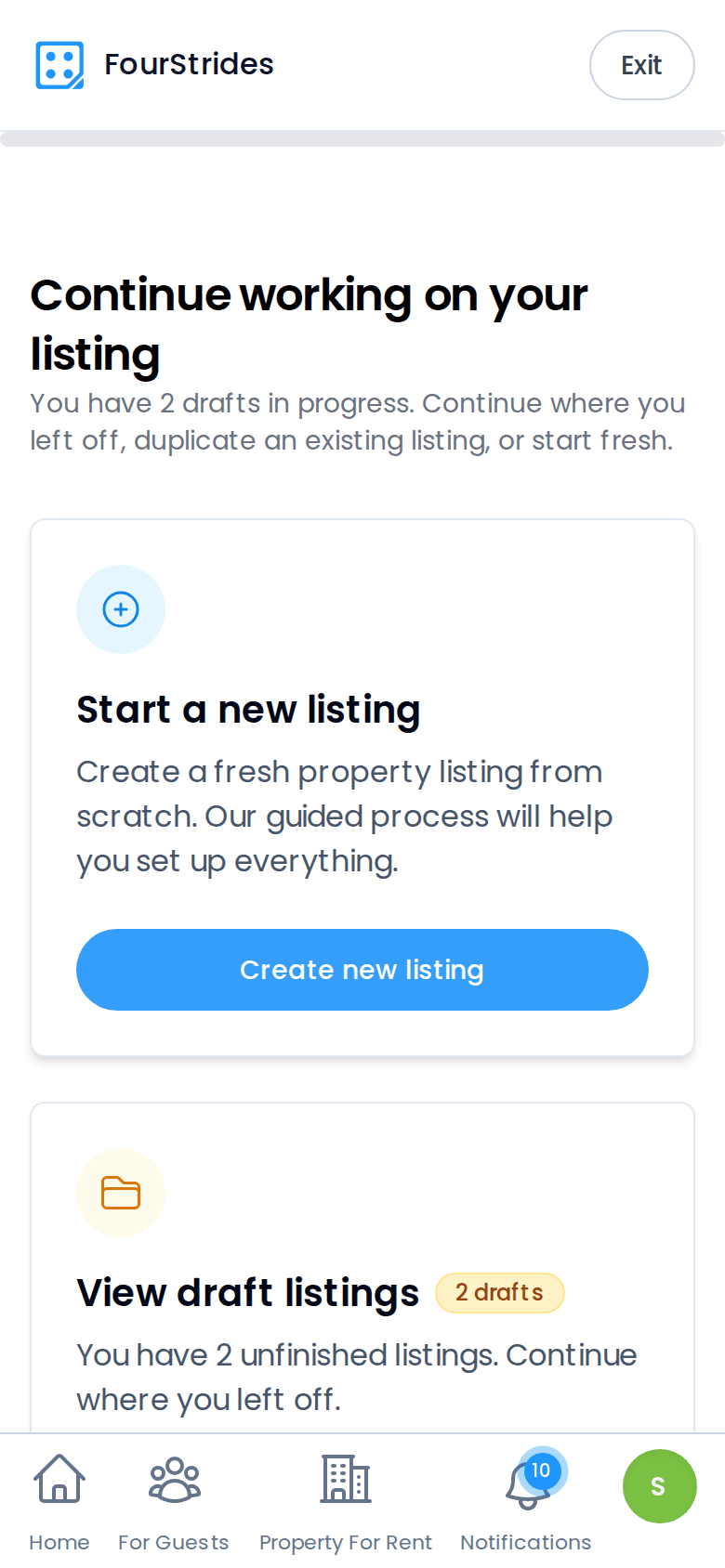 FourStrides landlord onboarding flow