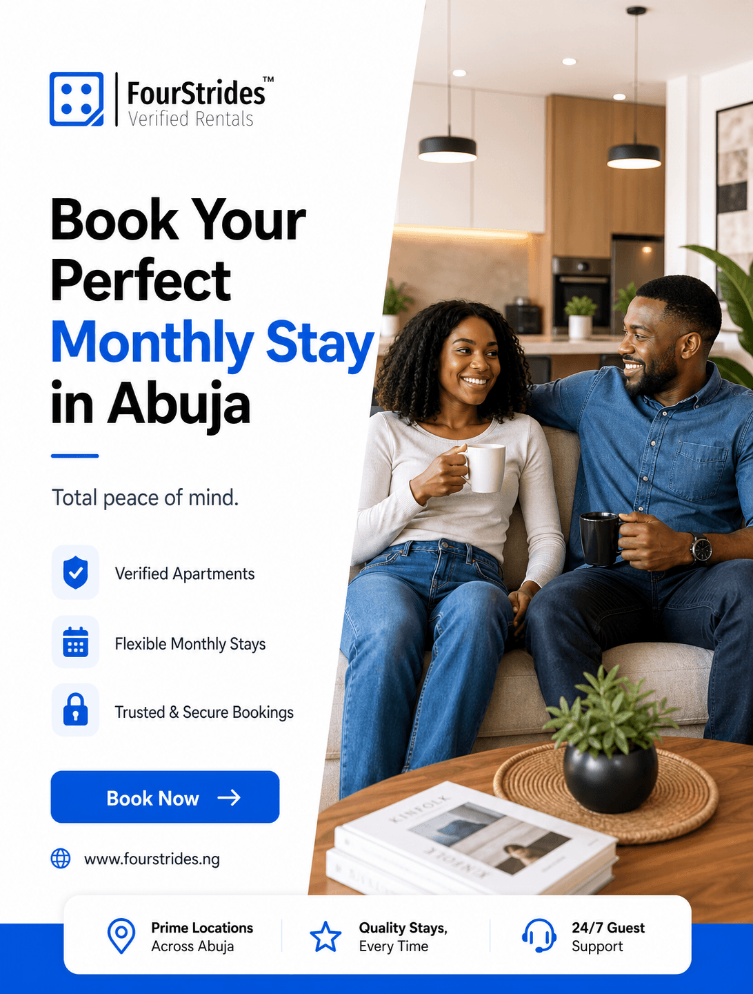 Couple relaxing in their monthly rental apartment booked through FourStrides